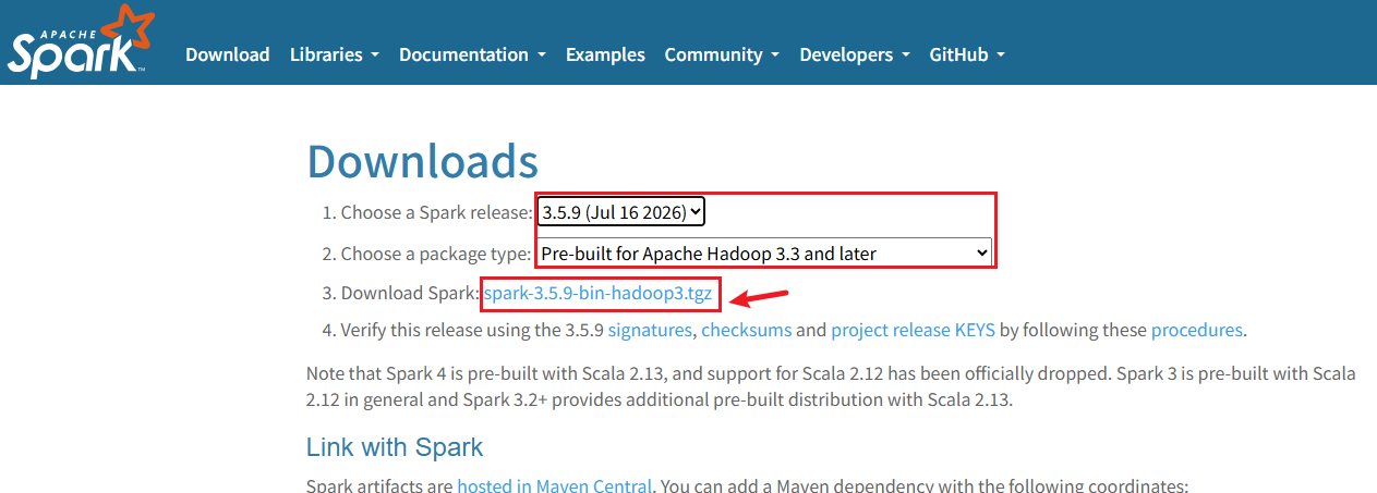Spark 下载页：选择 Spark 3.5.9 与 Hadoop 3 预构建包