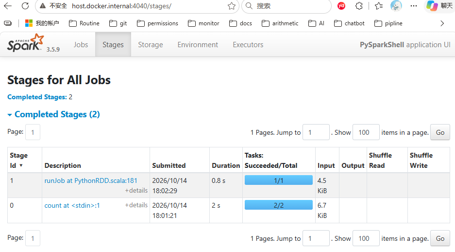 Spark Web UI 的 Stages 页面：两次操作对应的 Stage 0 与 Stage 1
